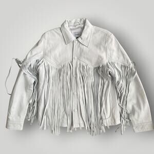 AMEN Collection Off White Light Blue 100% Sheep Leather Fringe Western Jacket L
